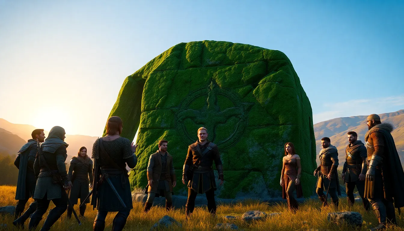 Lord Stone monolith with adventurers in a scenic landscape.