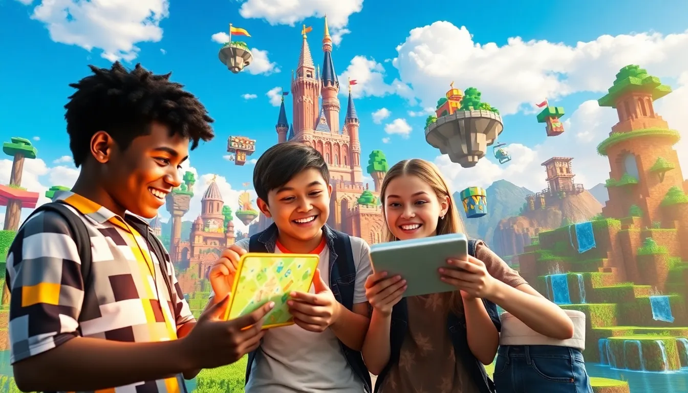 players collaborating in a colorful Minecraft-inspired digital landscape.