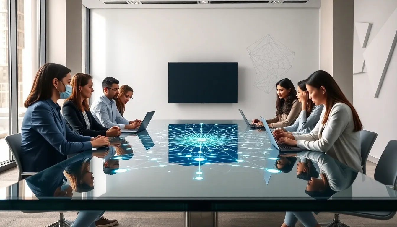 diverse team discussing blockchain technology in a modern office.
