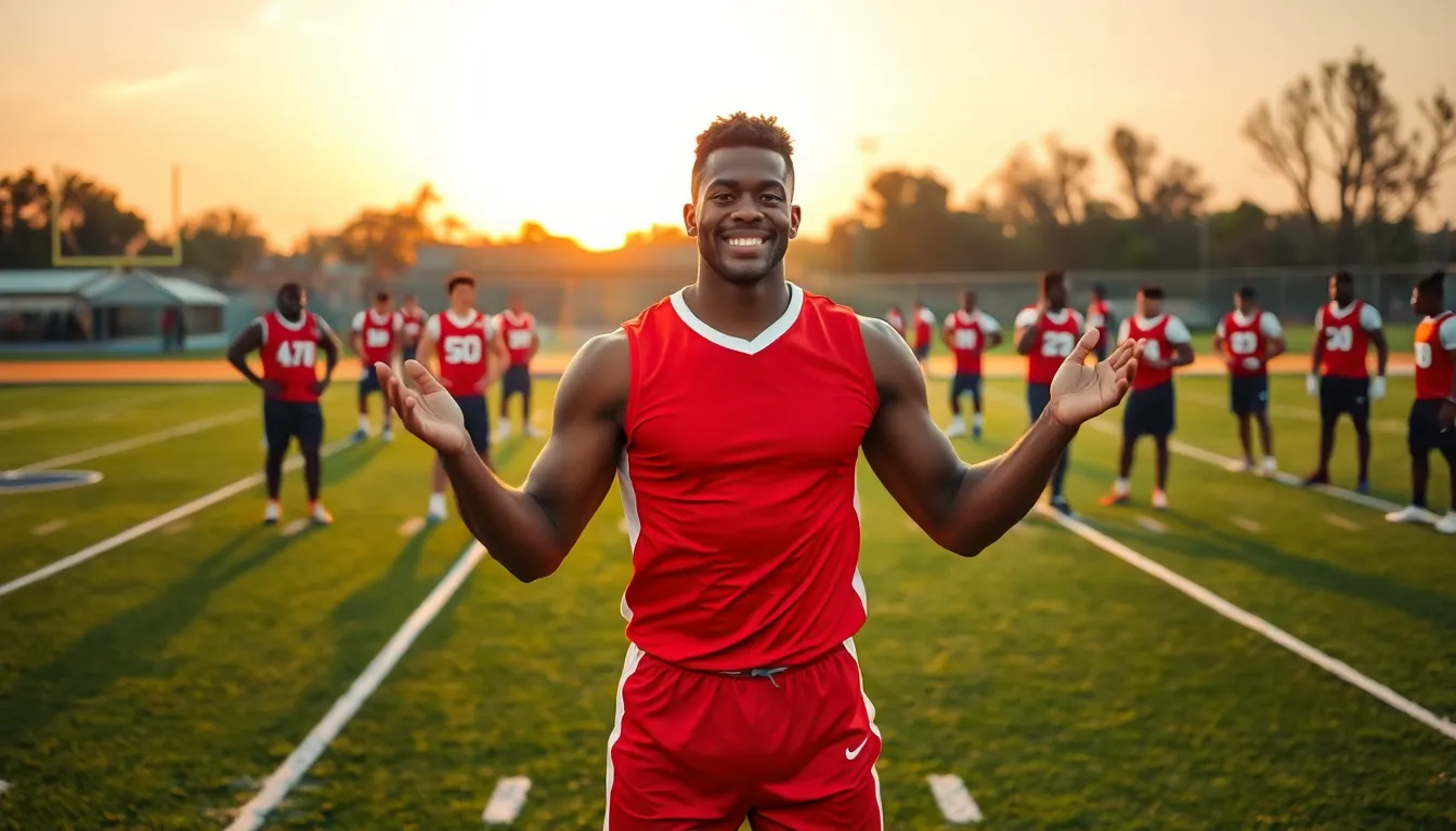 Neldanos Kimsel motivating teammates during a sports practice at sunset.