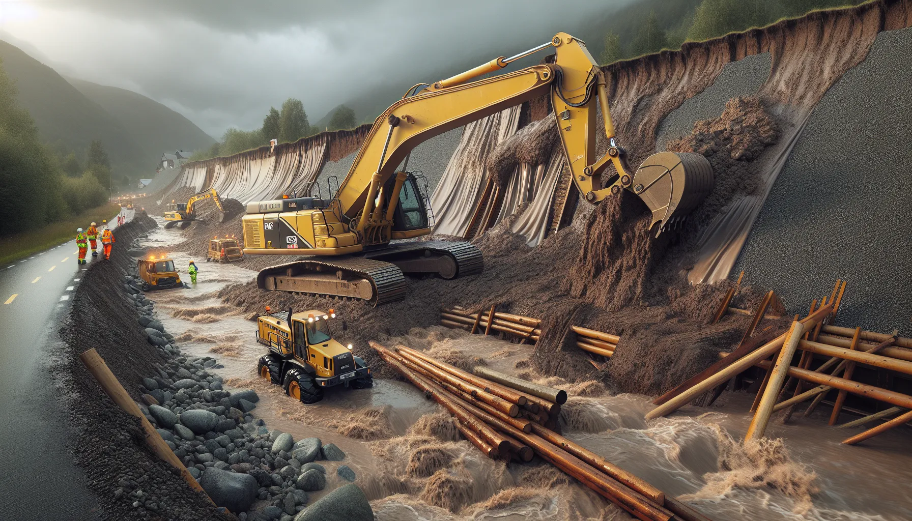 Excavator clearing landslide debris to open emergency access in norway.