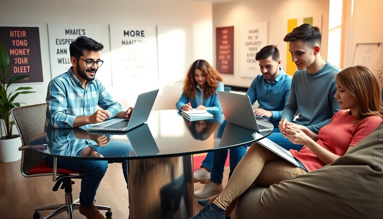 young adults exploring different money-making options in a modern workspace.