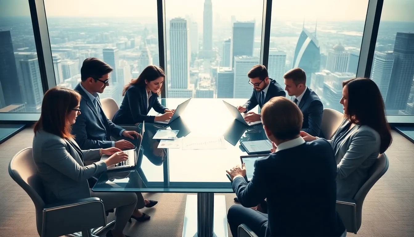 diverse team collaborating in a modern office on private equity strategies.