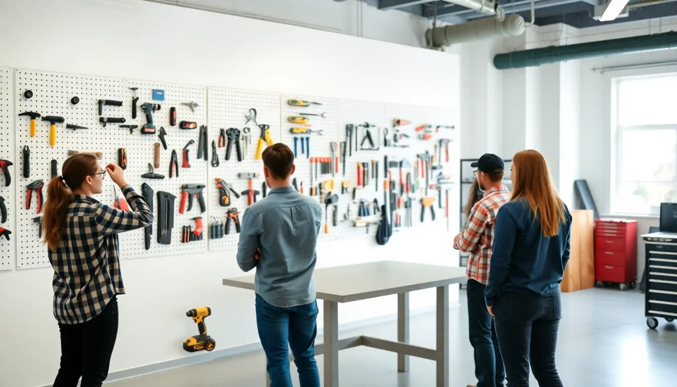 diverse professionals organizing tools in a well-lit workshop.