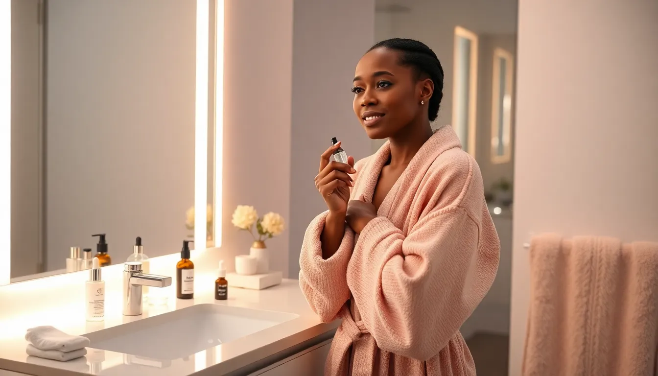 woman applying serum at a modern bathroom vanity.