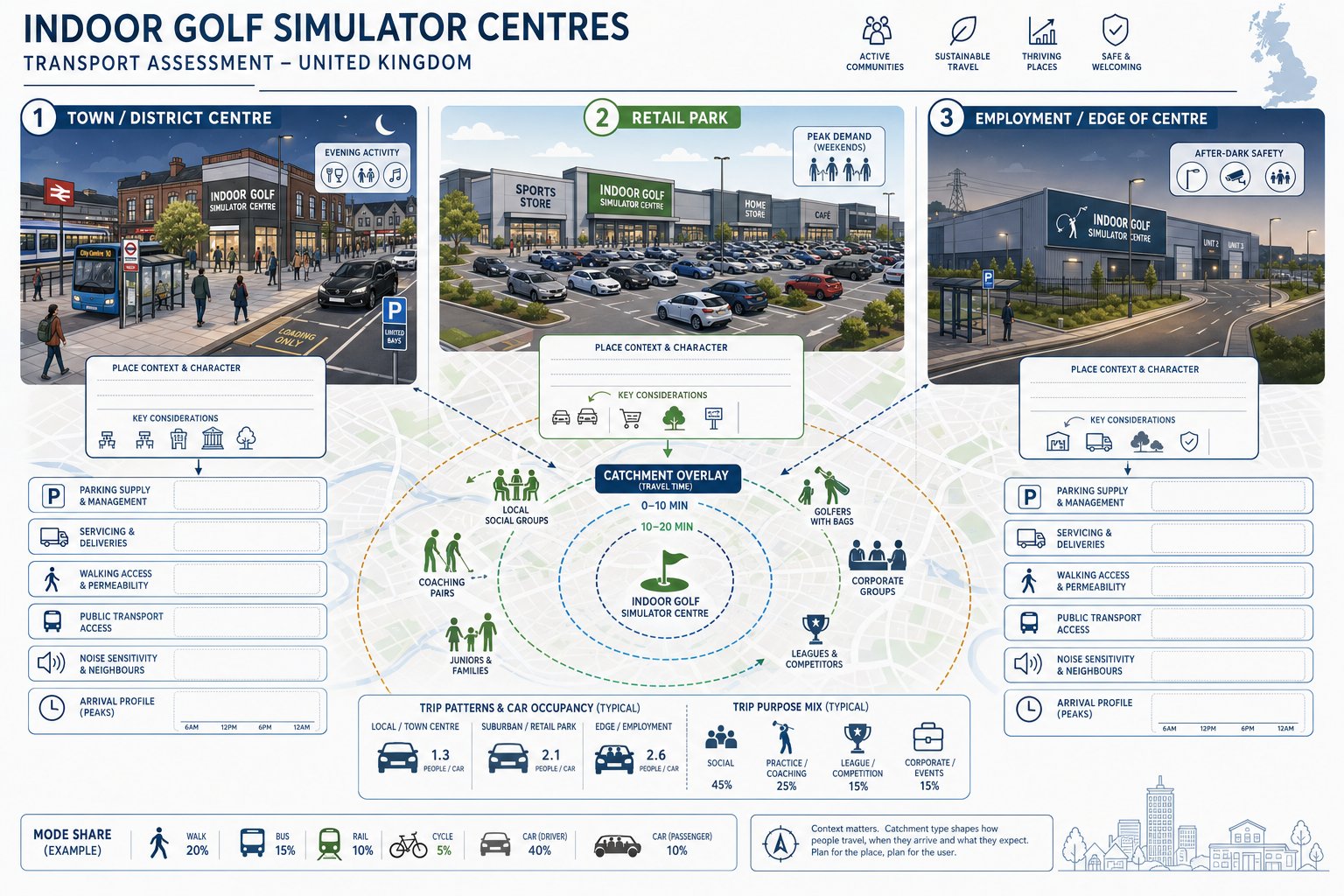 Comparison infographic of UK indoor golf venue locations, access, parking, and catchment.