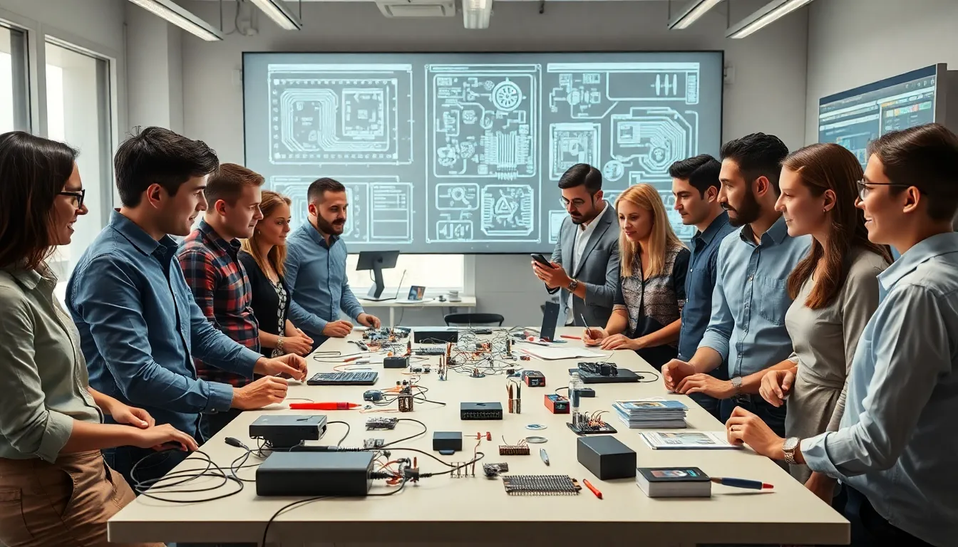 team collaborating on gadget design in a modern workspace.