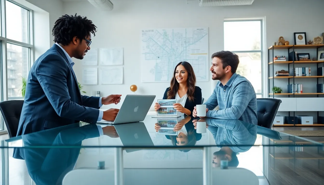 real estate agent consulting a couple in a modern office setting.