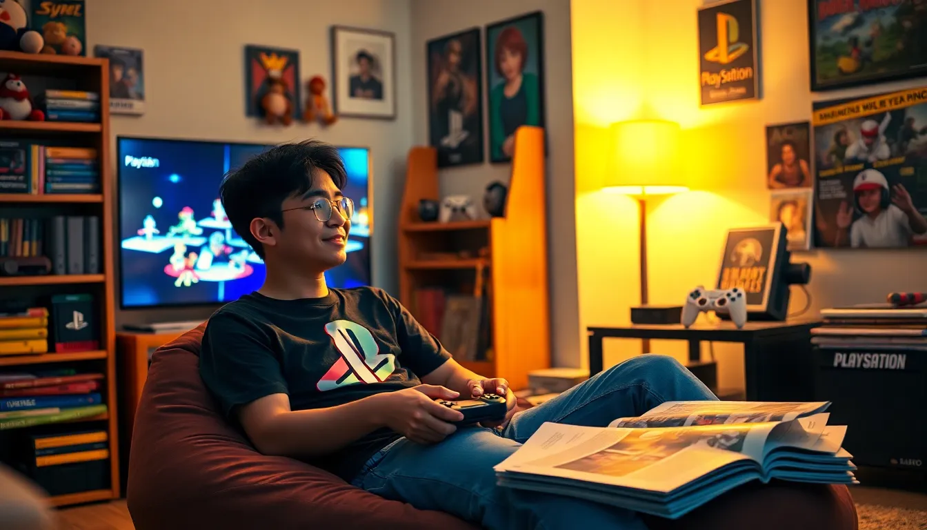 a gamer immersed in a PlayStation game surrounded by gaming memorabilia.
