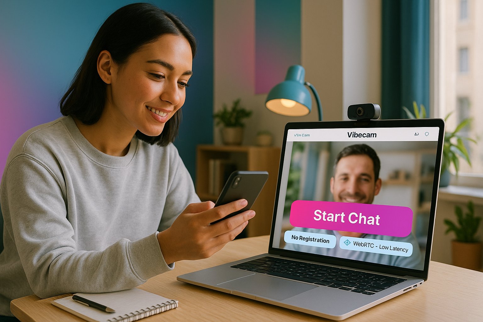 young woman at laptop starting a browser-based random video chat
