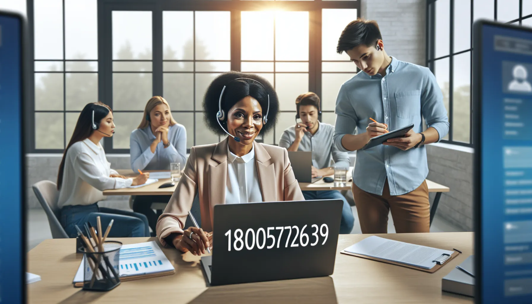 diverse professionals collaborating in a modern office, discussing customer service.