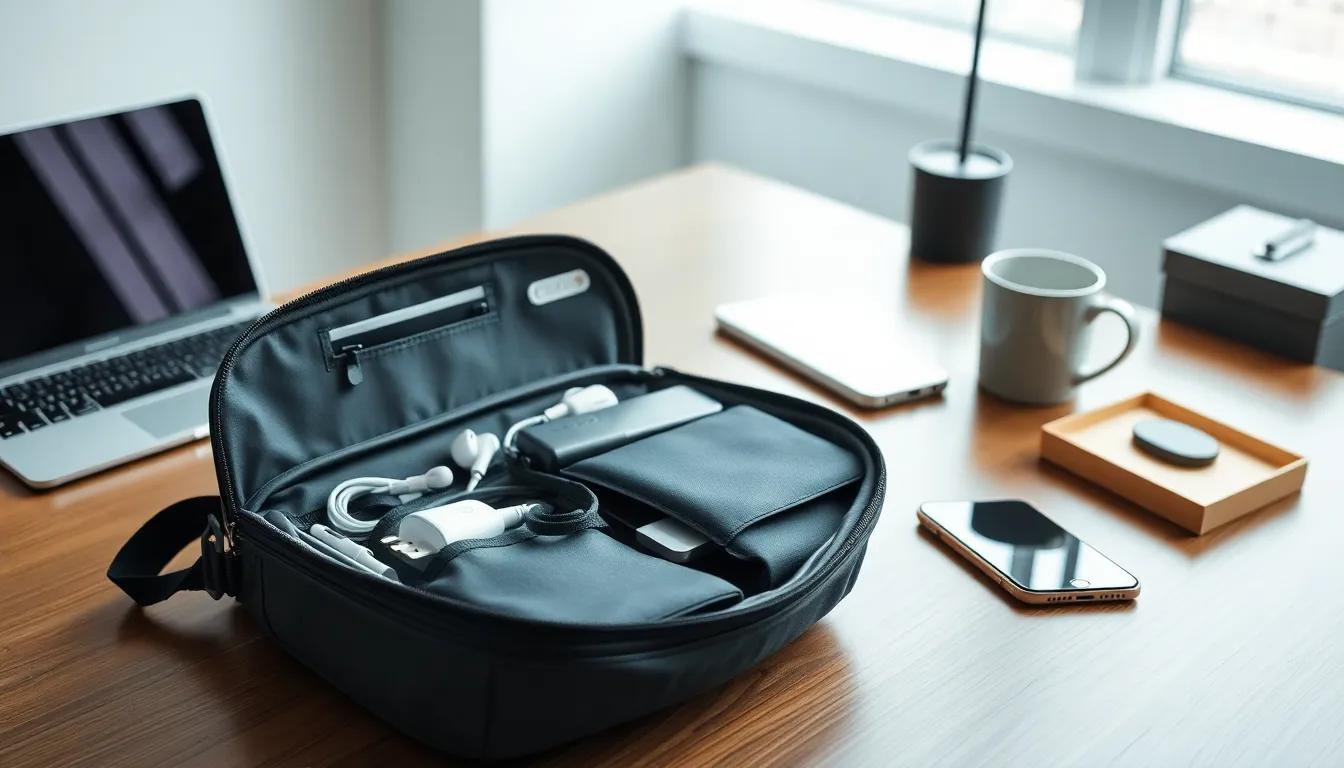 a stylish tech accessories bag on a modern office desk.