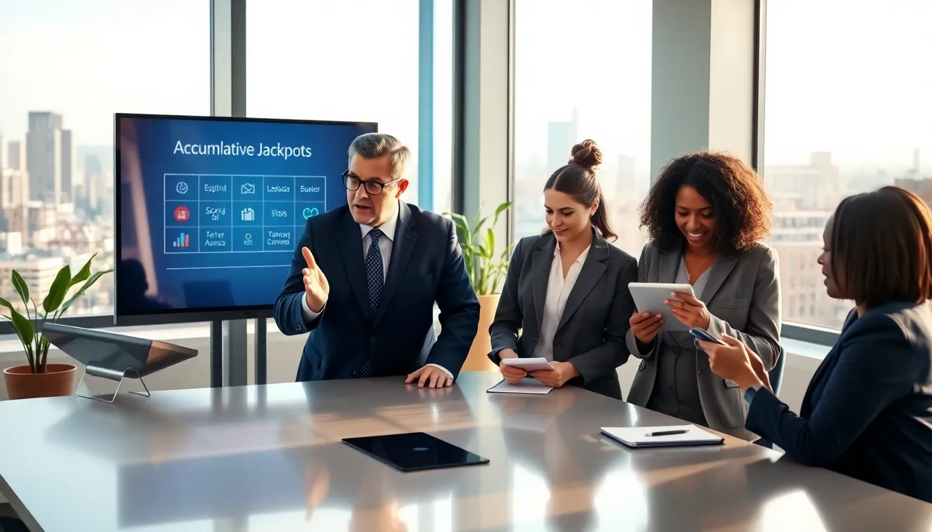 a diverse group of professionals discussing accumulative jackpots in a modern office.