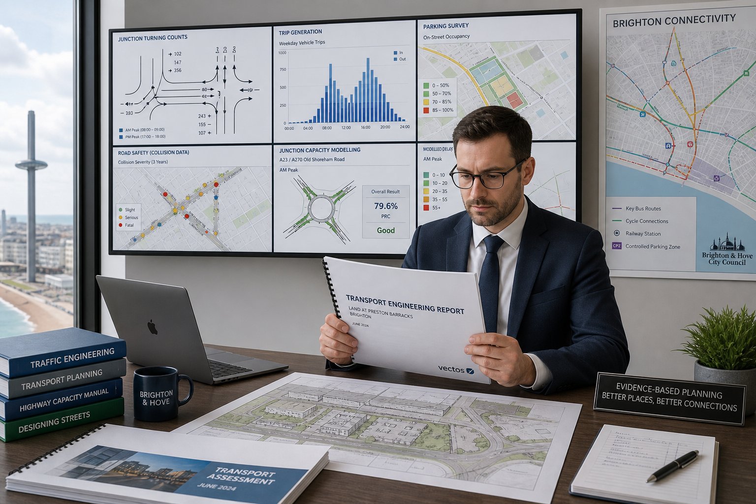 Traffic engineer reviewing transport report data in a modern Brighton office.