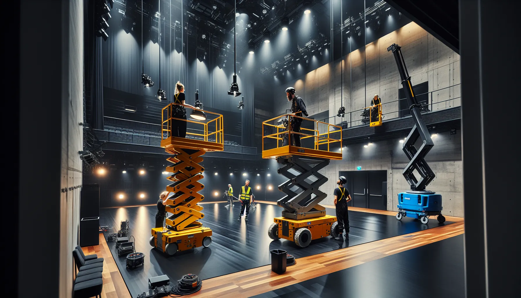 Technicians use different aerial lifts on a norwegian theater stage during setup.