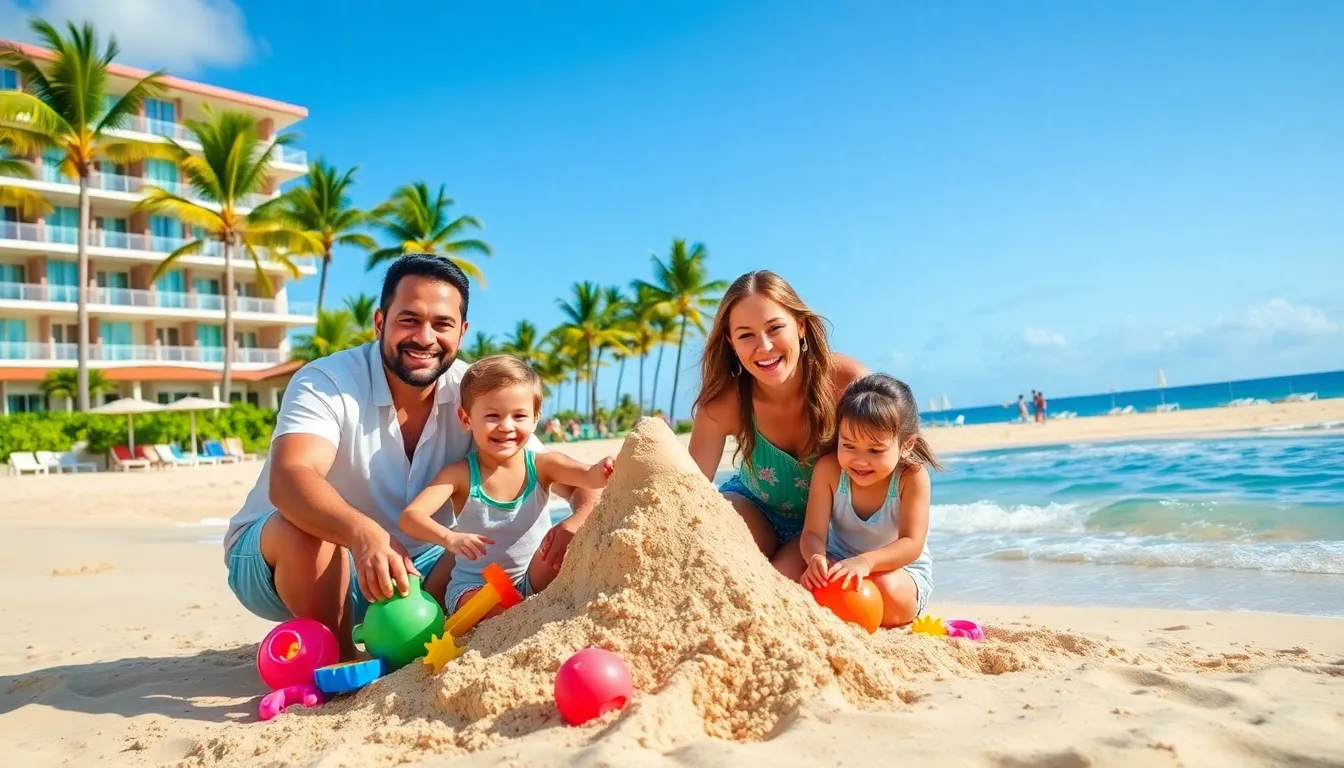 family building a sandcastle on a tropical beach.