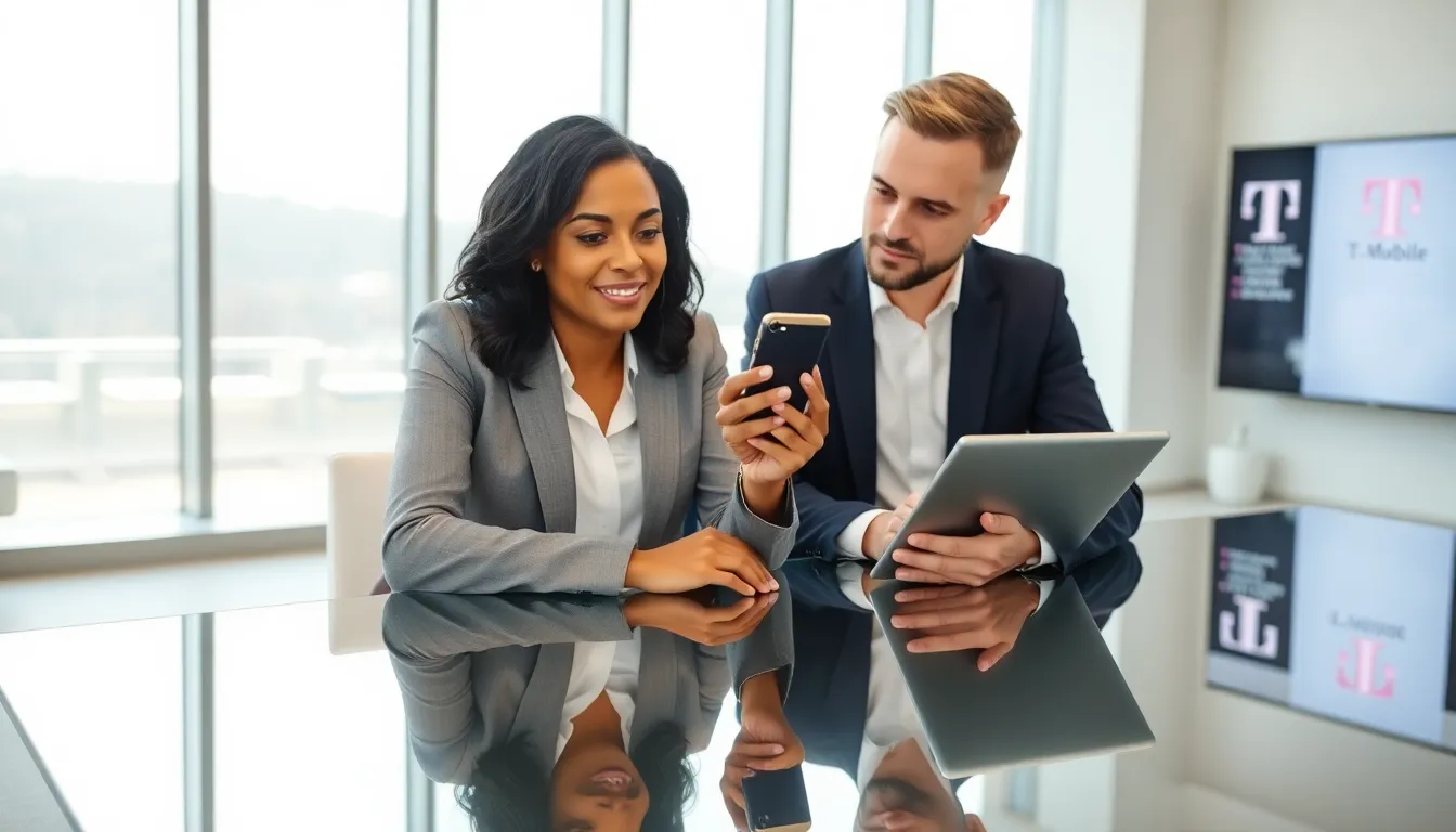 Professional discussing T-Mobile track phone in a bright office.