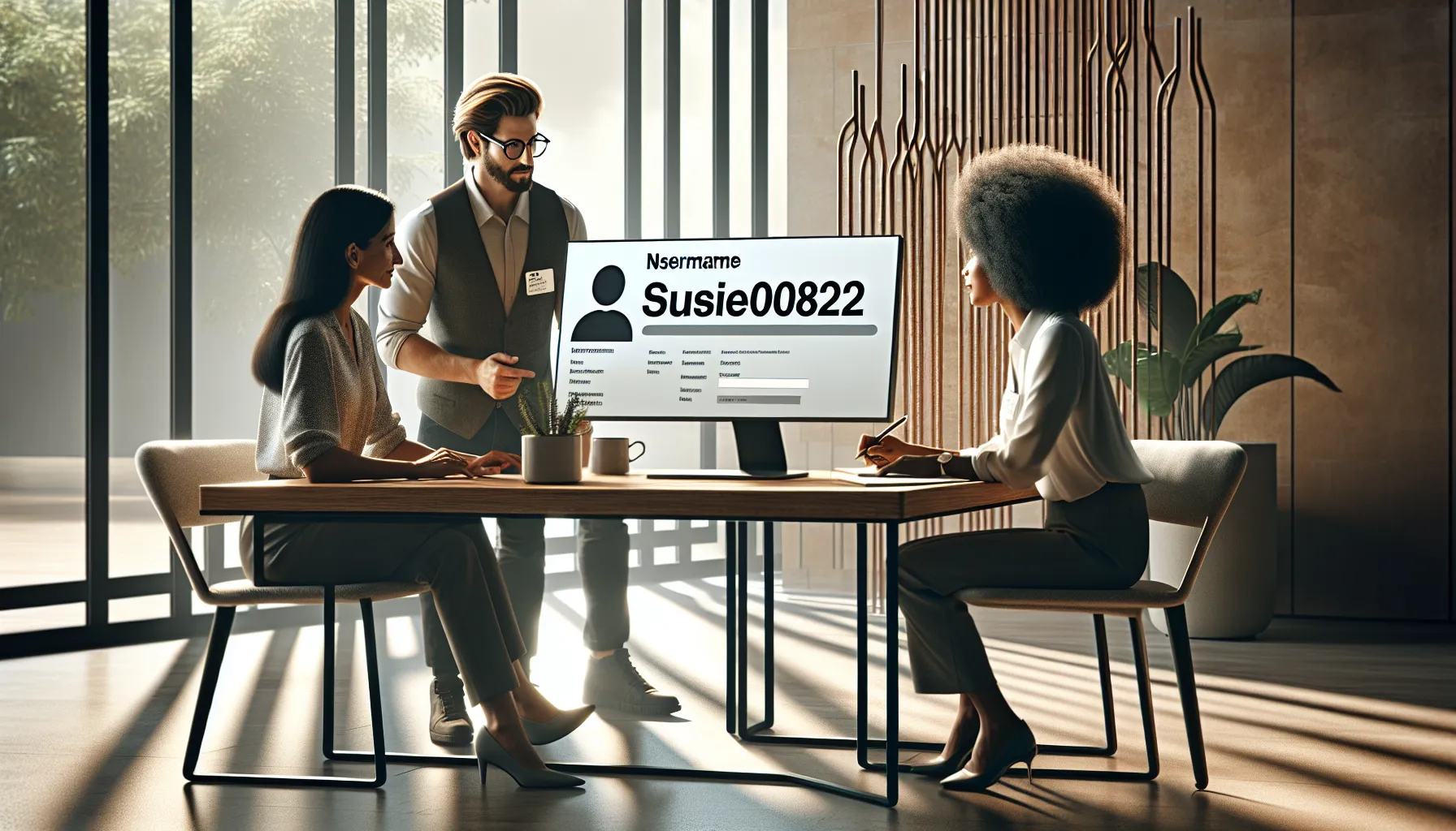 team analyzing the username Susie00822 in a modern office.