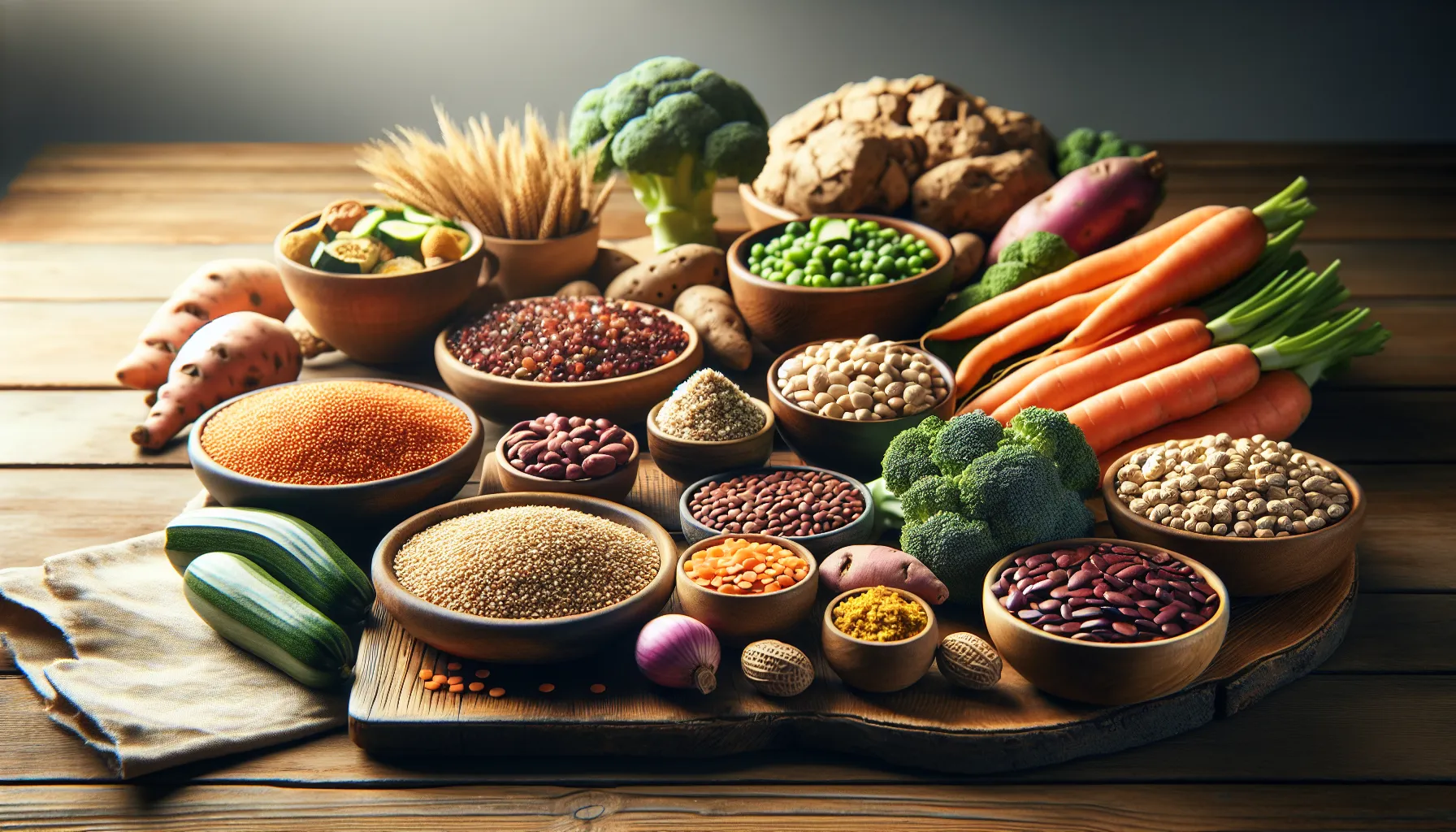 A selection of whole grains, legumes, and vegetables on a wooden table.