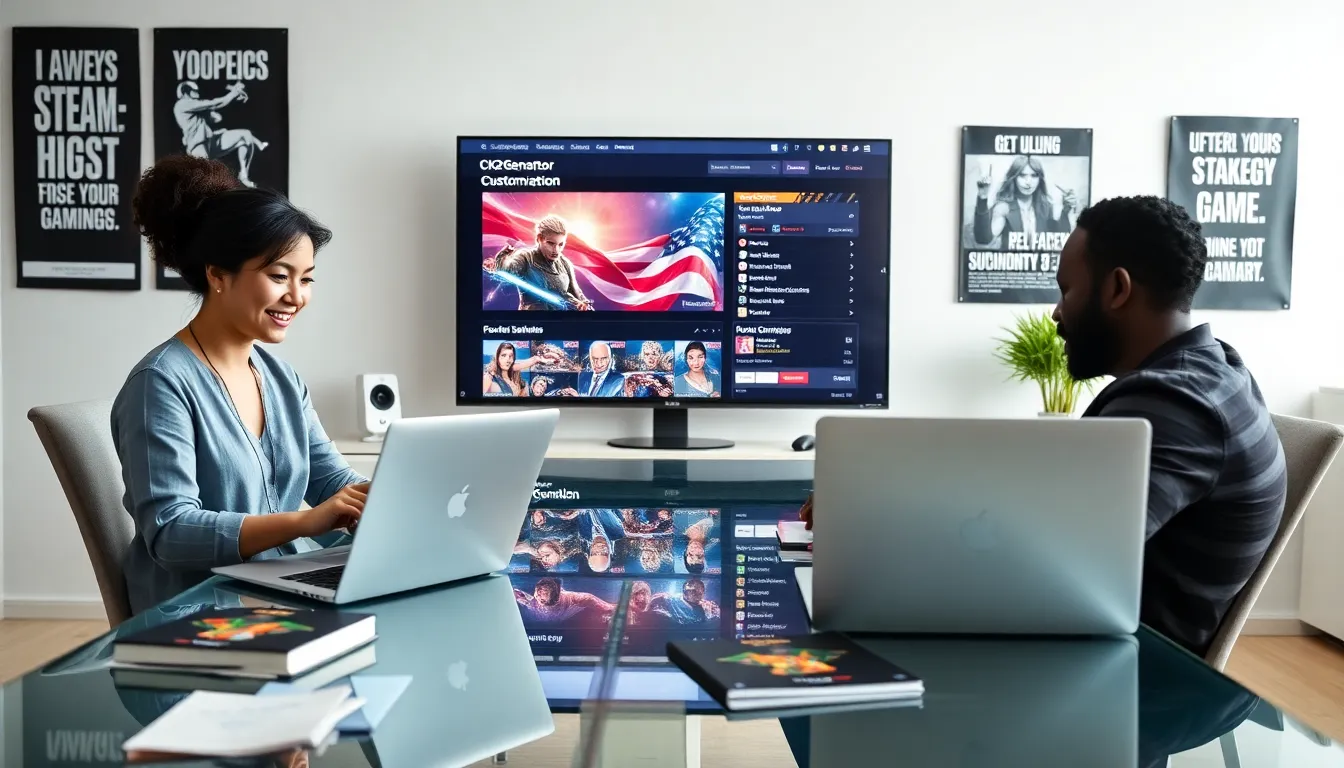 two gamers collaborating with CK2Generator in a modern office setting.