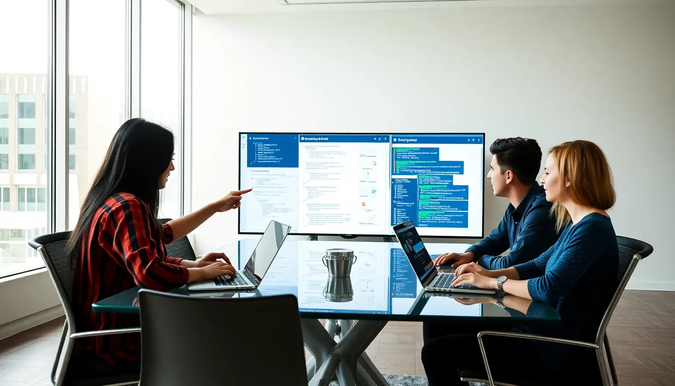 diverse developers collaborating in a modern office setting.