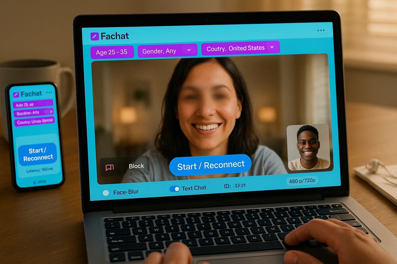laptop showing Fachat video-chat interface with reconnect and report buttons