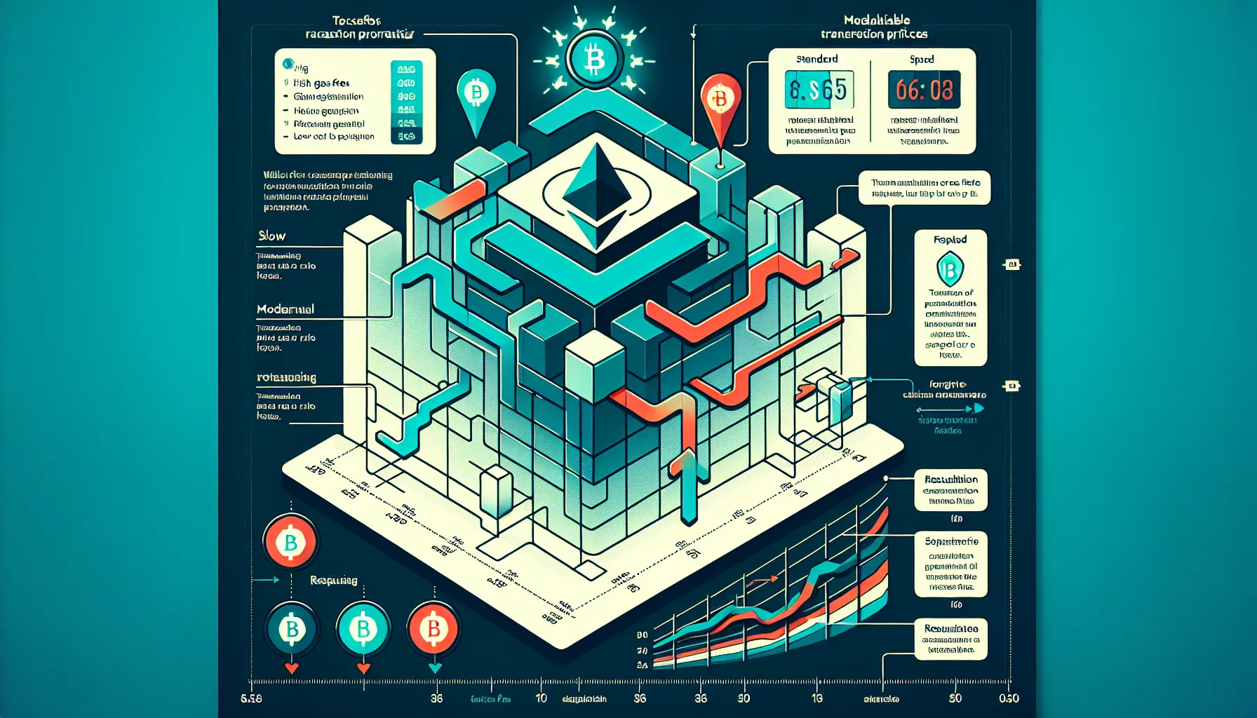 Vertical infographic showing transaction priority lanes and gas fee adjustment methods on blockchain networks.