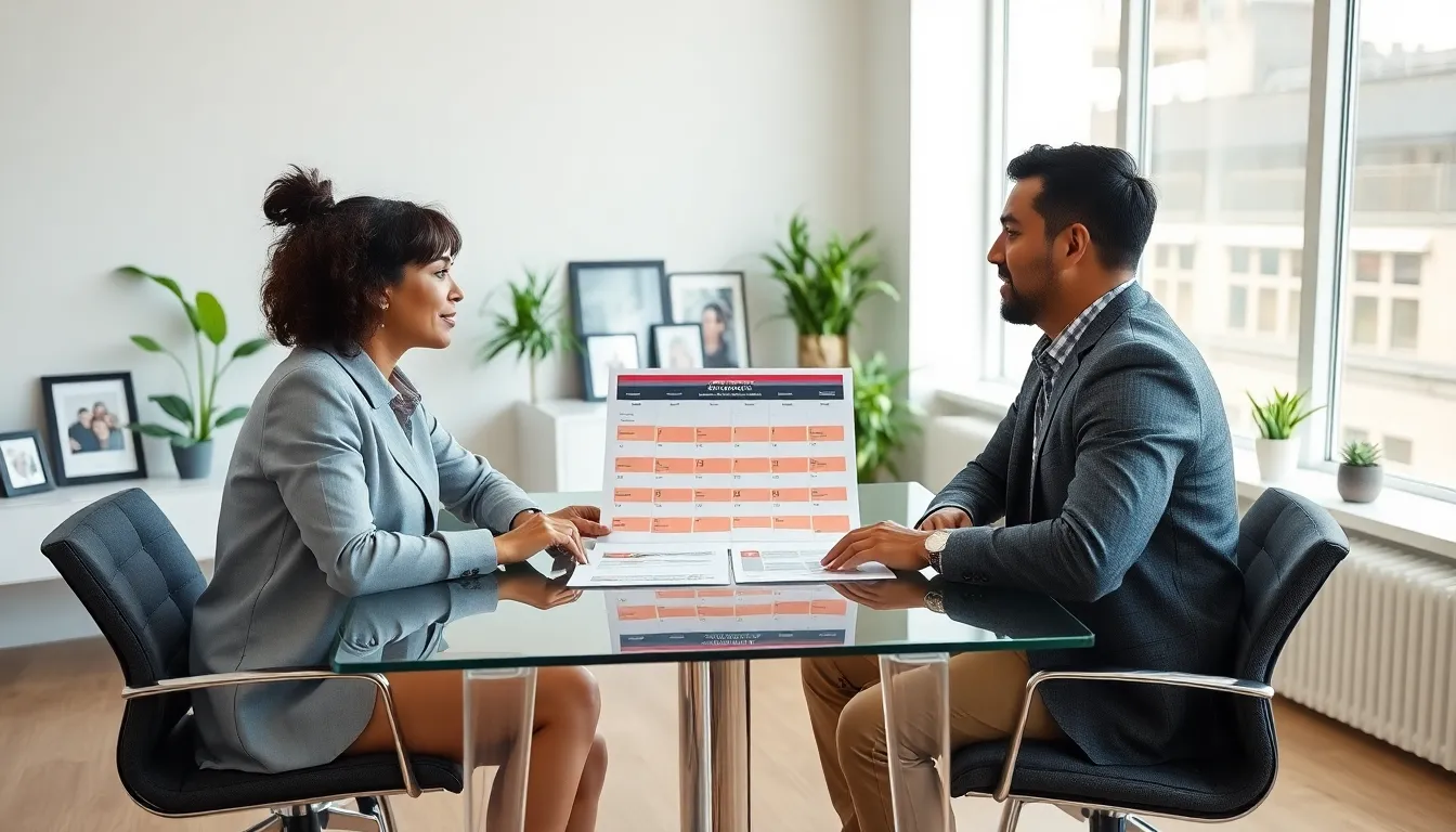 two co-parents discussing schedules in a bright, modern office.