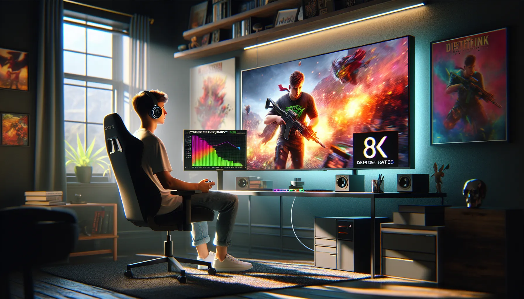 A gamer focused on an 8K monitor in a stylish home office.