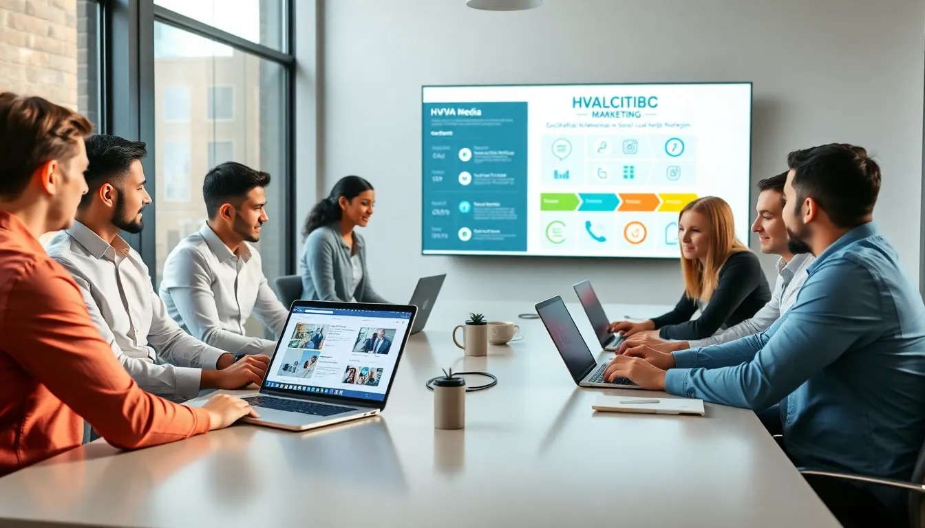 team discussing HVAC social media marketing in a modern office.