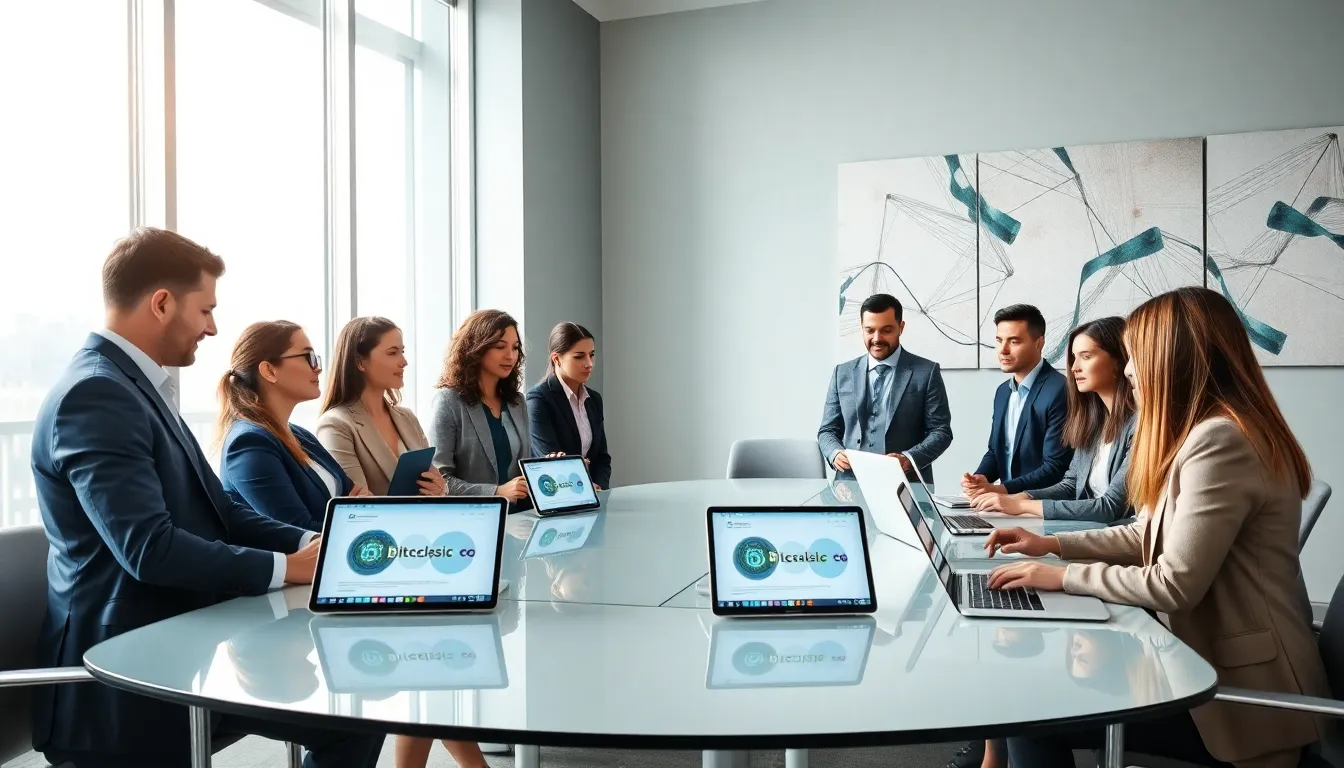 diverse professionals discussing Bitclassic in a modern office.