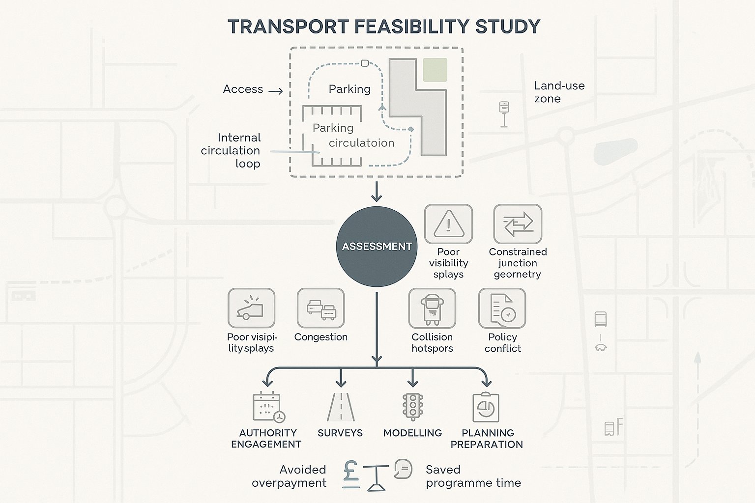 Infographic showing early transport feasibility checks, site risks, decisions, and project benefits.