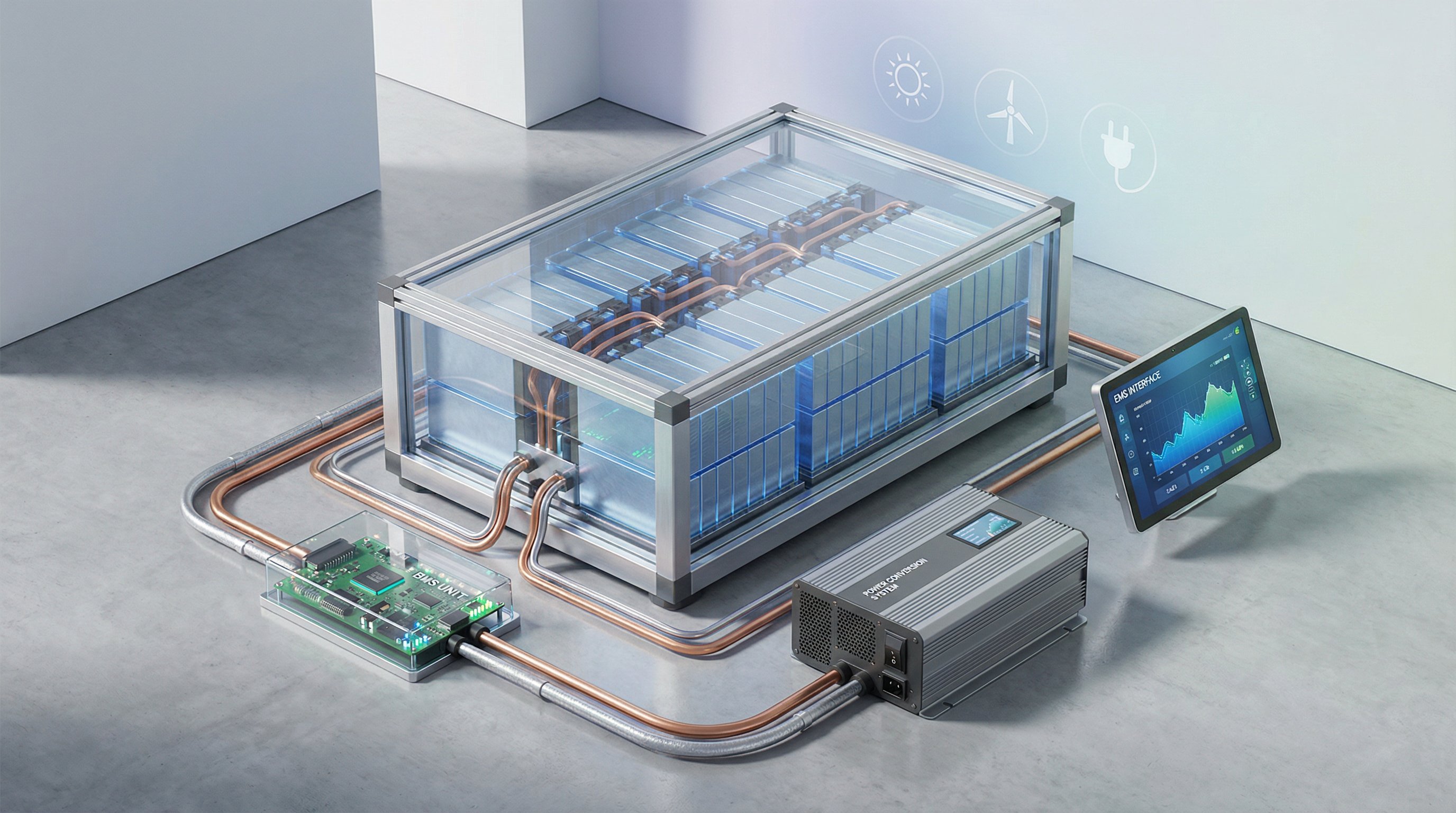 3D render of modular energy storage battery system with internal components and smart technology.