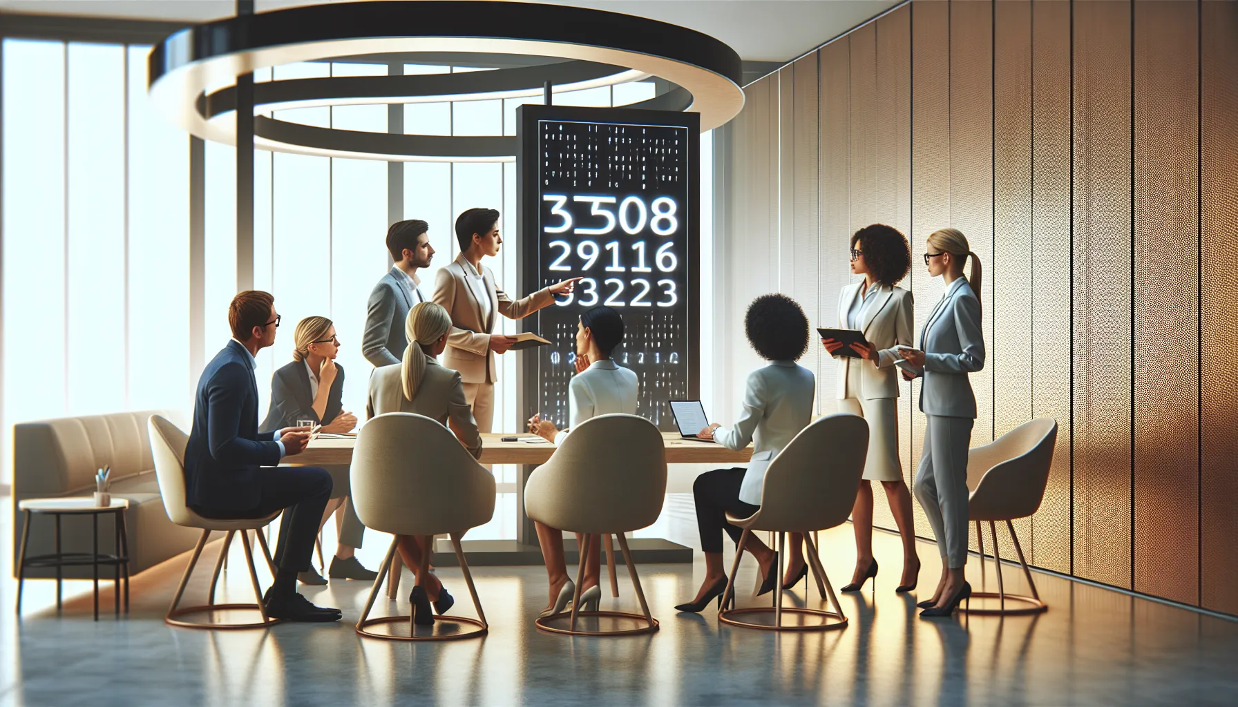 diverse team discussing data in a modern office setting.
