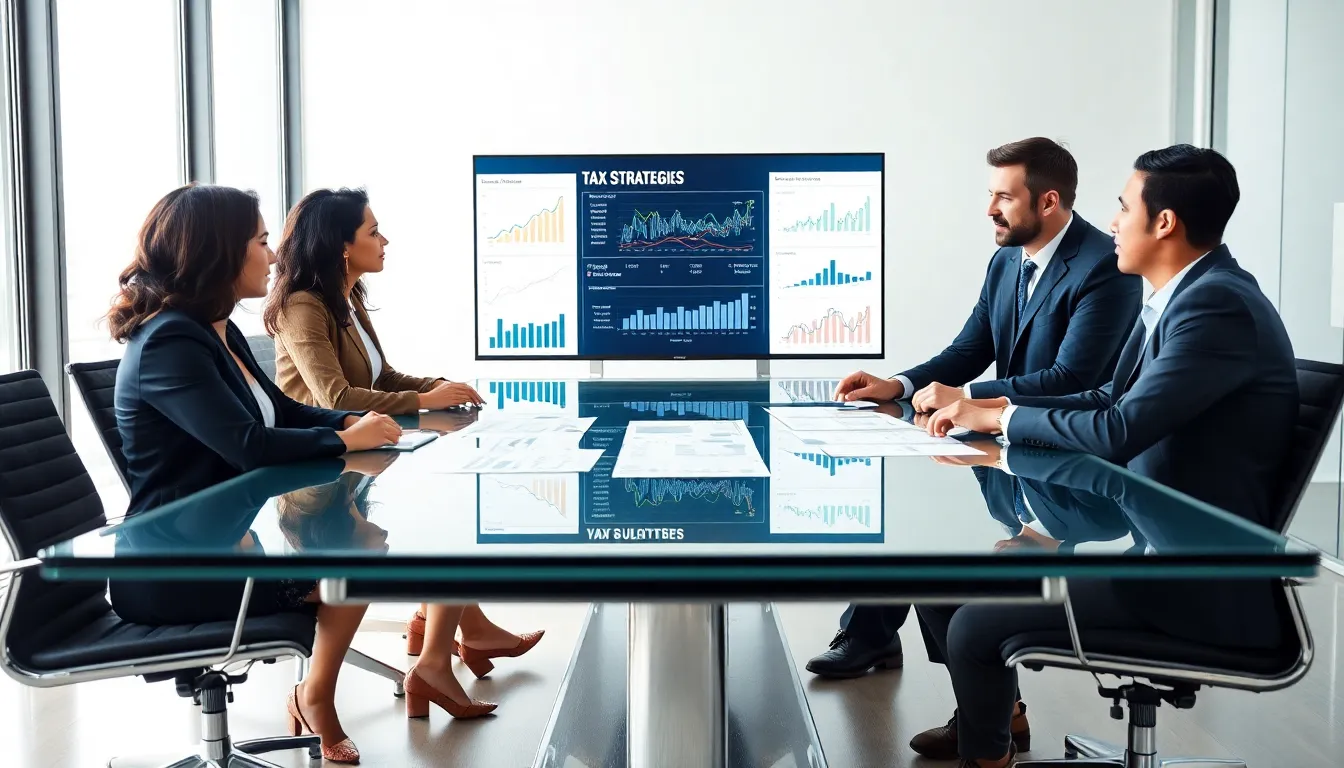 business owners discussing tax strategies in a modern office setting.