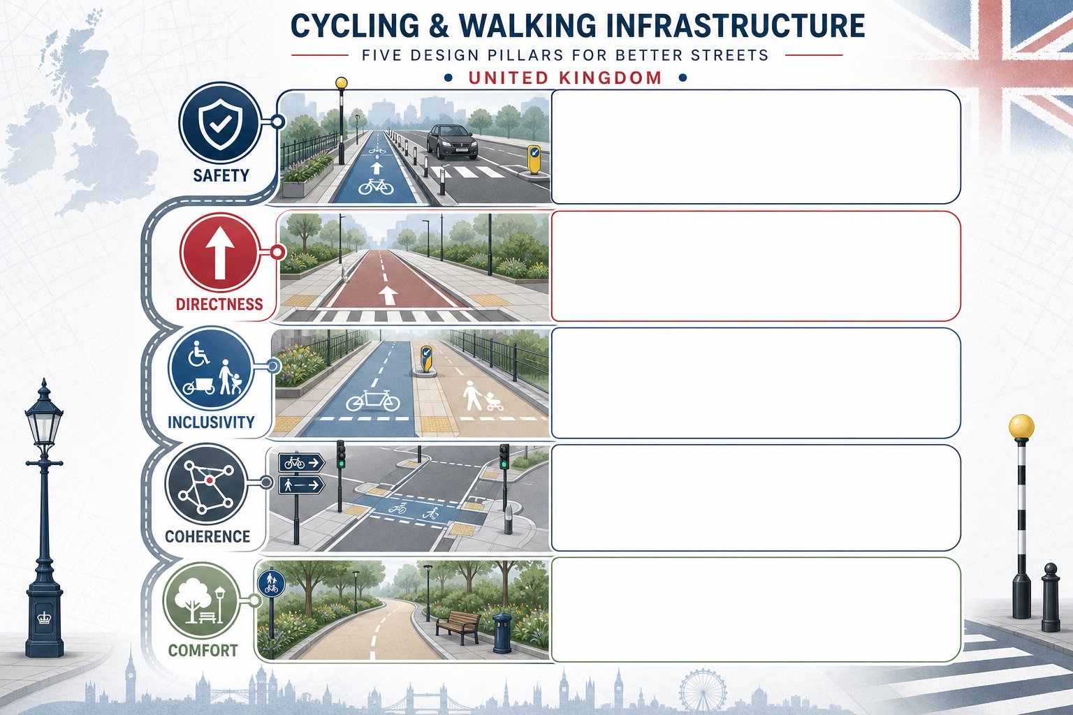 Infographic showing five principles for safe and inclusive cycling and walking routes.