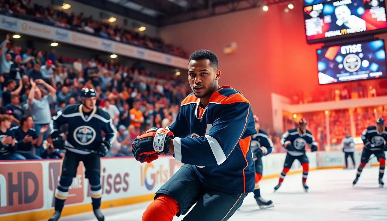A young player showcasing speed and agility during a fast-paced hockey game.
