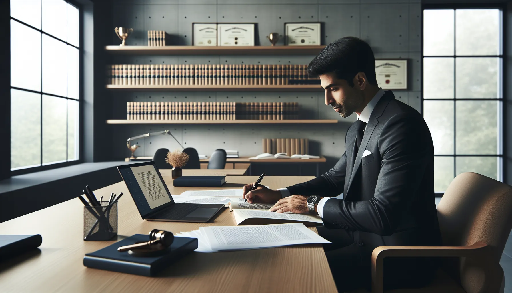 Croatian lawyer drafting legal response documents at modern office desk