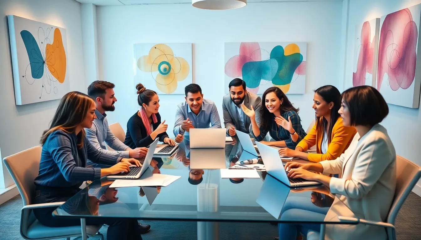 diverse team collaborating in a modern conference room.