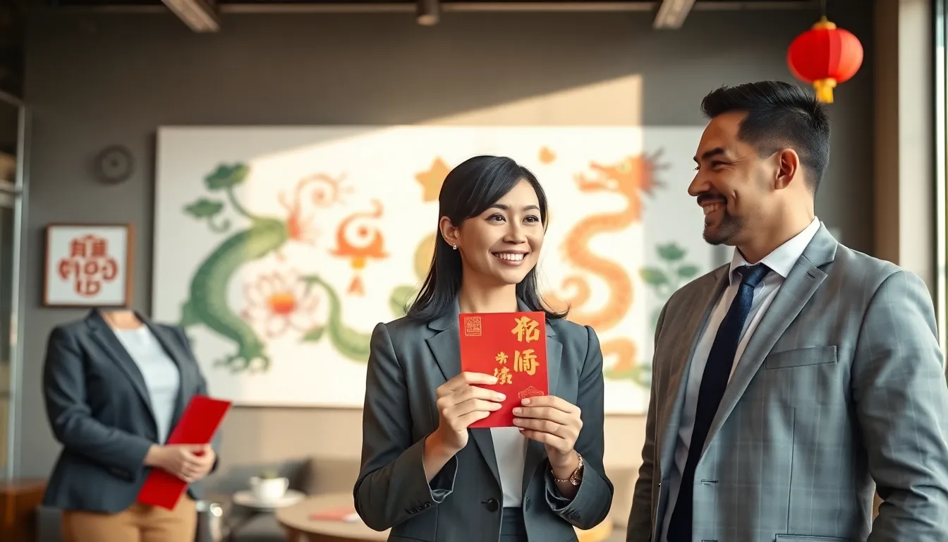 diverse team in a modern office celebrating Chinese luck culture.