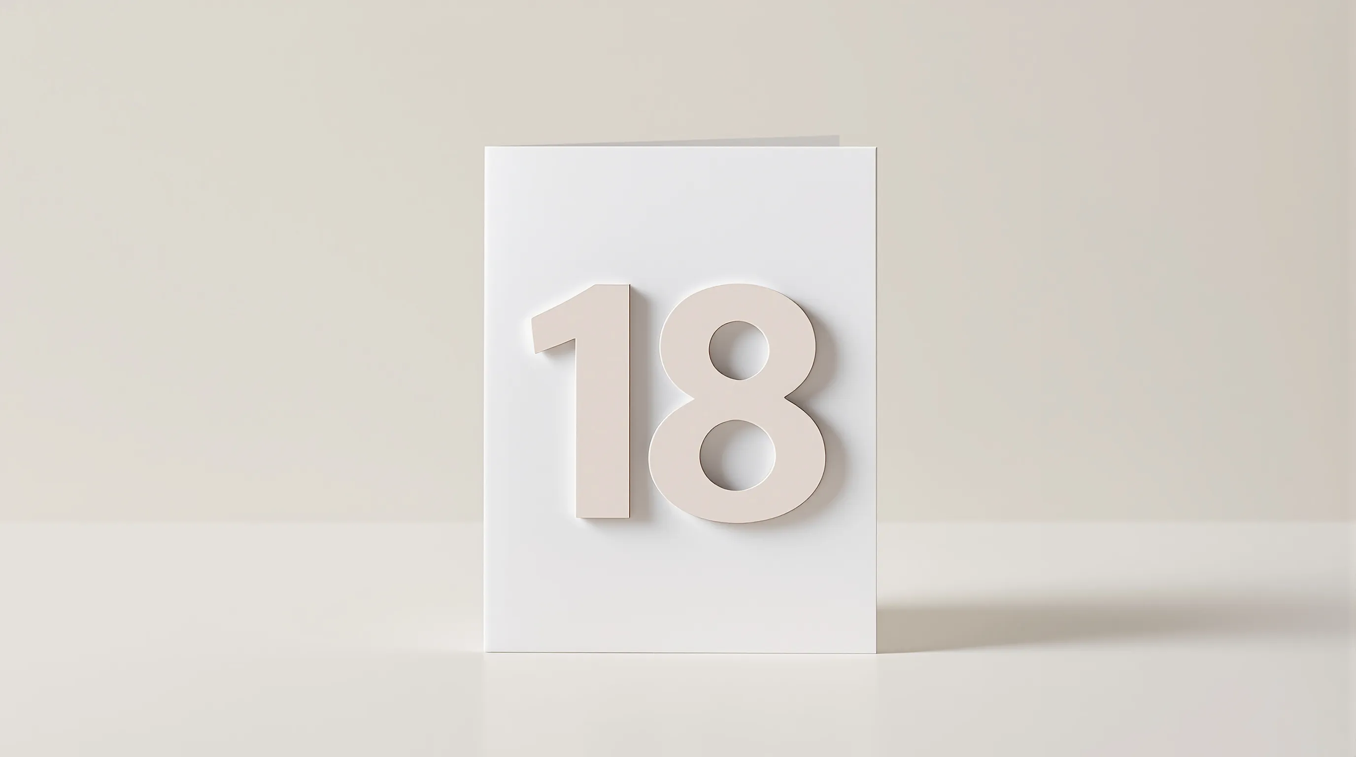 Minimalist birthday card with number 18 and parent-son silhouettes on clean background.