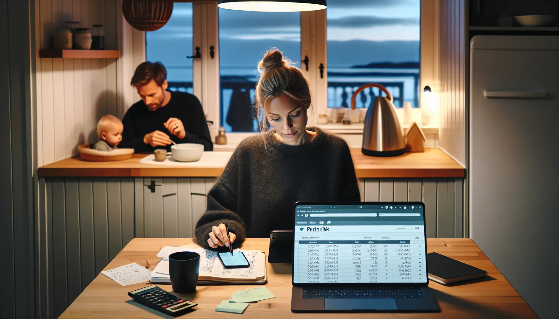 Norwegian parent reviews family budget on laptop as toddler sits nearby.