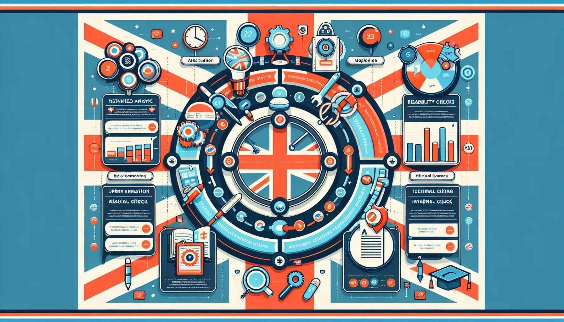 UK-themed graphic of content optimizer tools, automation vs manual, and workflow.
