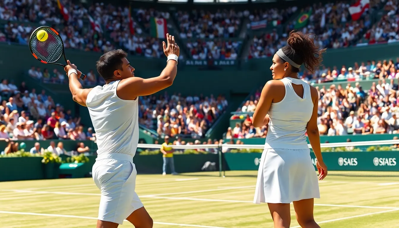 two tennis players competing on a lively court.