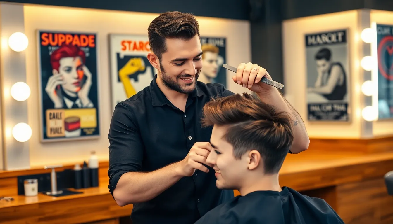 hairstylist applying pomade in a modern barber shop.