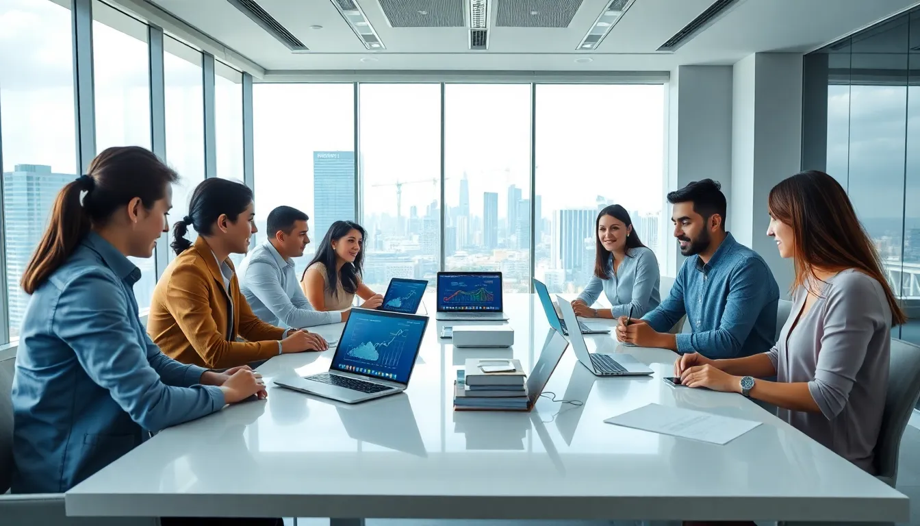 diverse professionals discussing distributed cloud computing in a modern office.