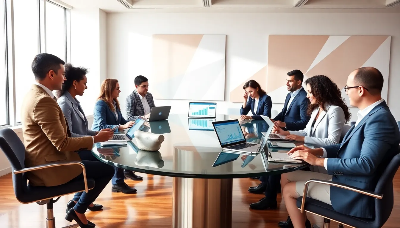 diverse professionals collaborating in a modern office using software tools.