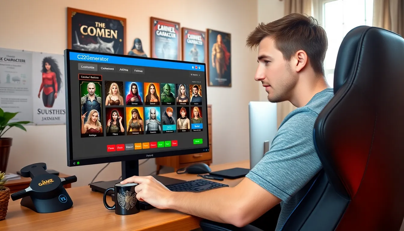 A user customizing a medieval character on Ck2Generator website in a cozy home office.