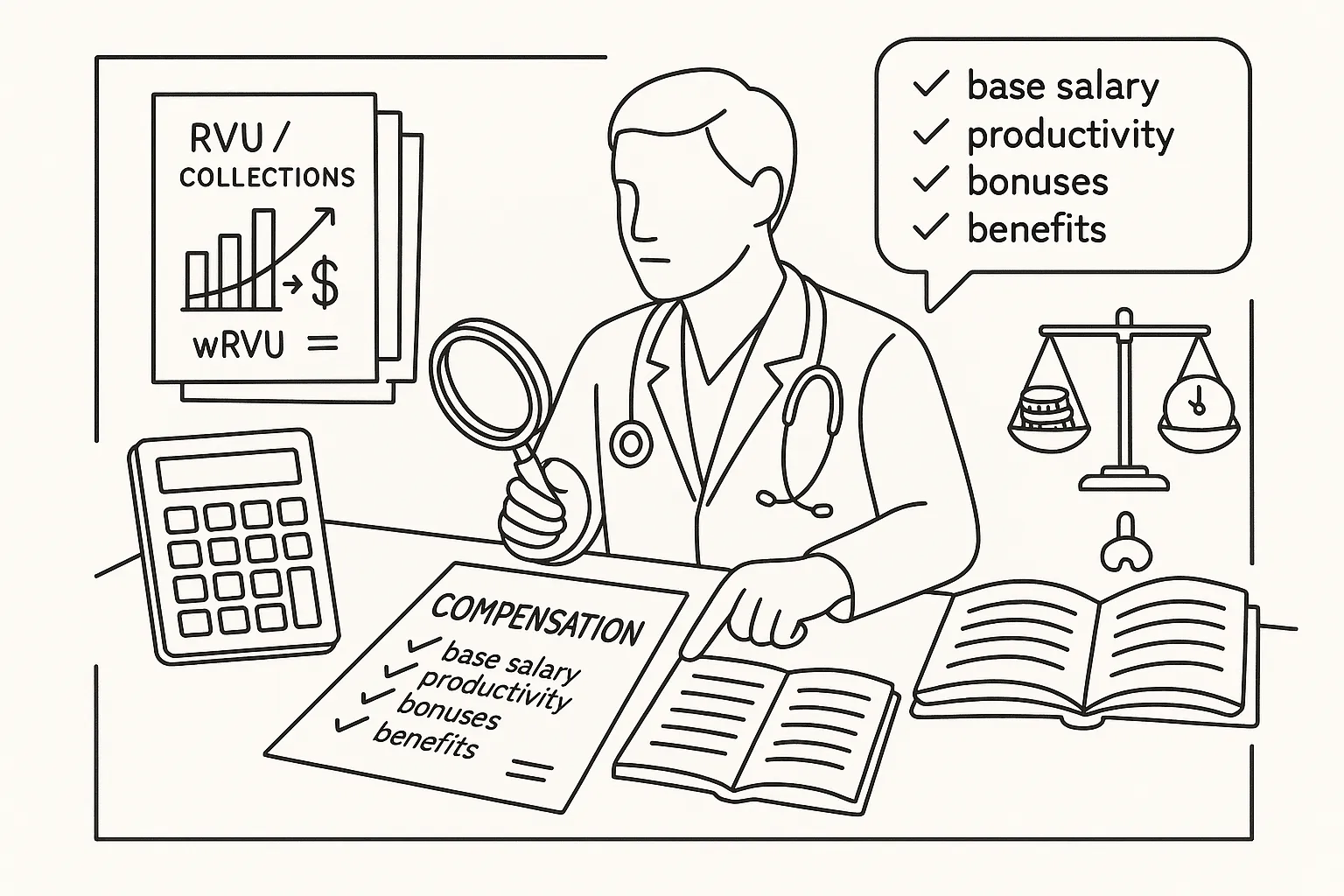Physician assistant reviewing a compensation contract with RVU chart and calculator.