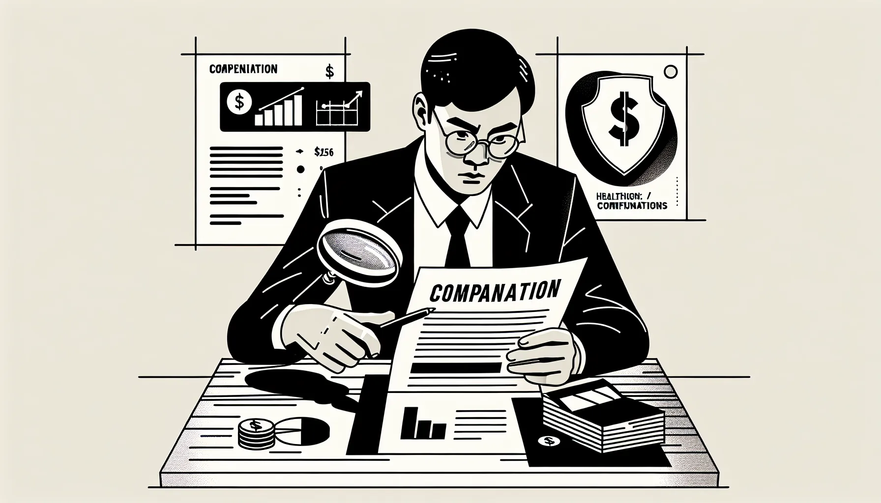 Veterinary associate at desk closely reviewing a compensation contract with icons.